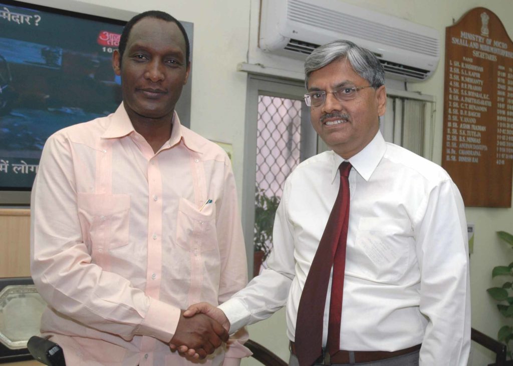The Ambassador of the Republic of Rwanda, Lt. General Kayumba Nyamwasa calls on the Secretary, Micro, Small & Medium Enterprises, Shri Dinesh Rai to discuss possible participation of the Ministry in the 11th Rwanda International Trade Fair 2008, in New Delhi on May 14, 2008.
