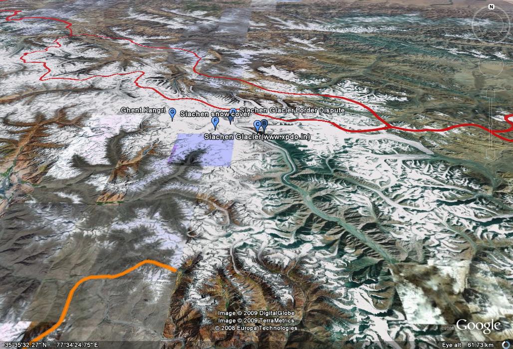 siachen-2 The yellow line is the Line of Control. The red lines are the International Border. The area in the north between the two red lines was illegally seceded by Pakistan to China.