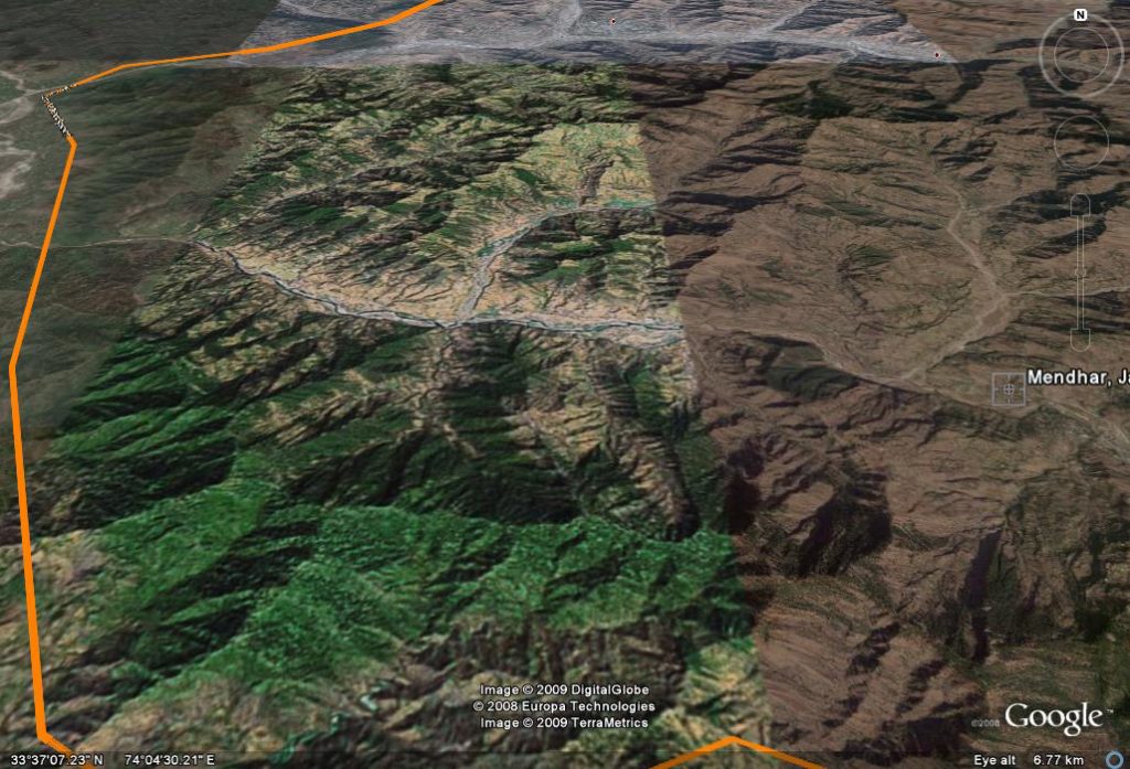 The area of Operation. The red dot on top is Poonch town and the yellow line is the Line fo Control.