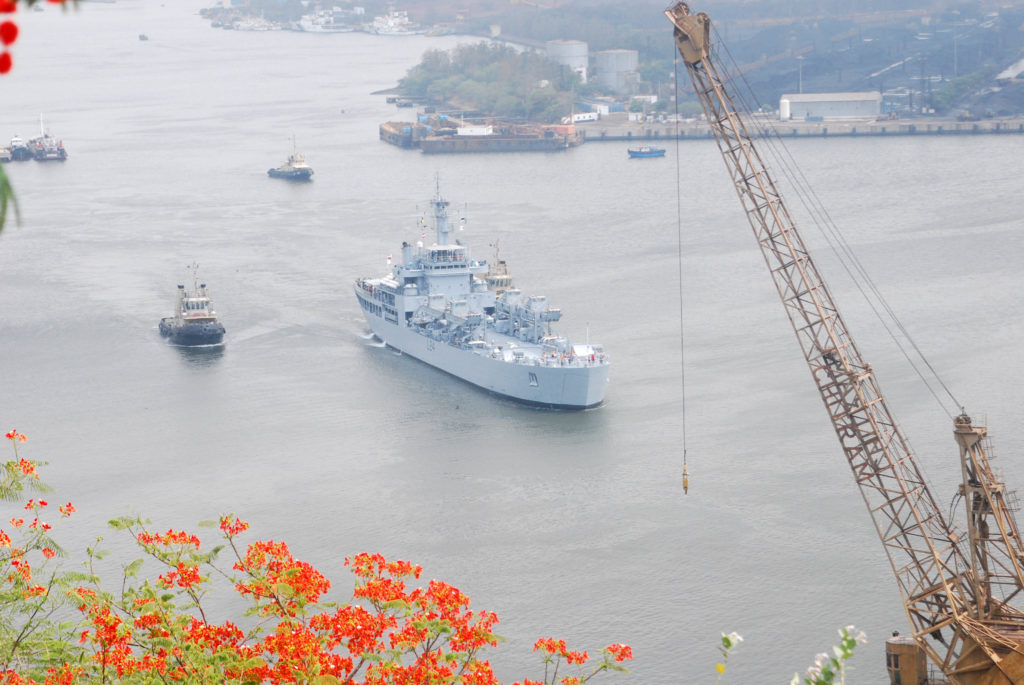 The INS Airavat sails out of Visakhapatnam Harbor after being commissioned.
