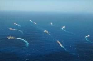 Warships of the three navies in formation.