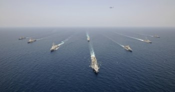 The four Indian and US warships in formation at the end of the tactical phase of Malabar CY 10.