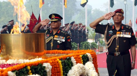 Indian army chief, General Vijay Kumar Singh with Lieutenant General PC Bharadwaj, Vice Chief of Army Staff at the Amar Jawan Jyoti war memorial at India Gate in New Delhi on Wednesday.