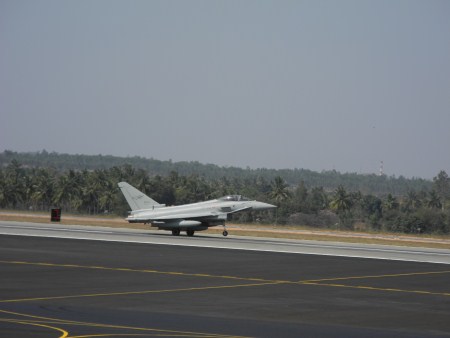 An Italian Air Force Eurofighter Typhoon landing at Yelahanka air base.