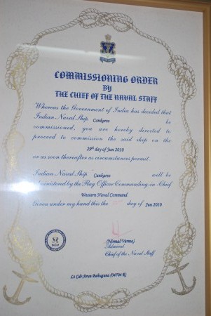 The Commissioning Order of the INS Cankarso.