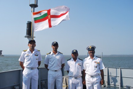 The captain with his crew. The Cankarso is crewed by four officers and 42 ratings.